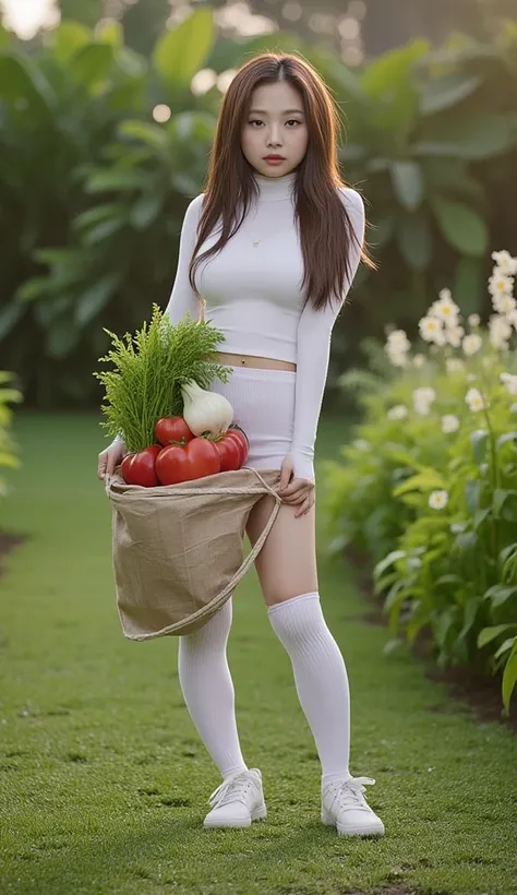 A hyper white skin lady, huge breasts, like jennie kim face, grey eyes, white light, standing at garden, straight long hair and brown color hair, wearing underboob tanktop witj skirt and sneakers, with full of vegetable in bag