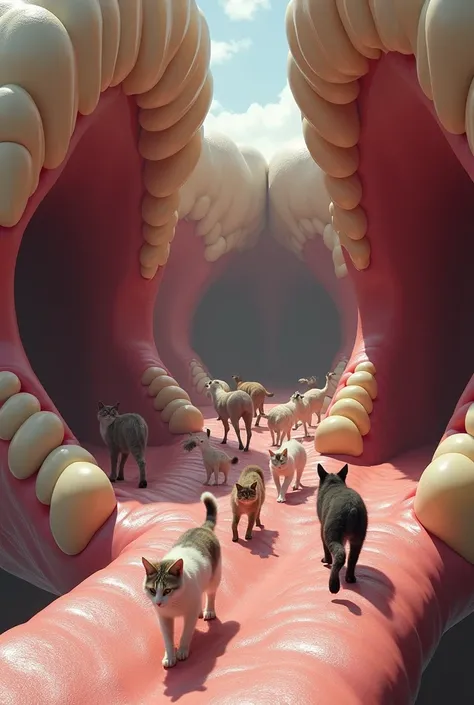 realistic image of Animals walking on a catwalk in the shape of a giant tongue organ, which is inside a mouth with giant realistic teeth