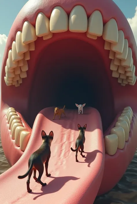 realistic image of Animals walking on a catwalk in the shape of a giant tongue organ, which is inside a mouth with giant realistic teeth