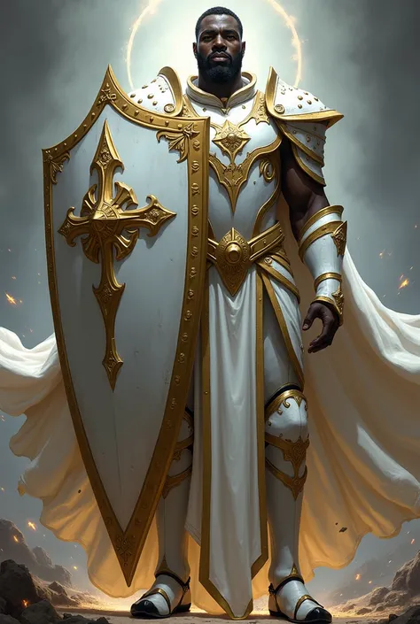 Cleric Black man with white and gold armor and a large shield 