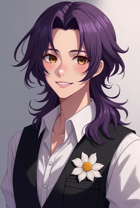 A handsome man in his mid-twenties is gently smiling warmly, soft yet manly features and hazel eyes. His purple half long hair is thick and lay in waves around his face of deep purple reaching him to the nape of his neck. Hes clothed in a white shirt and a...