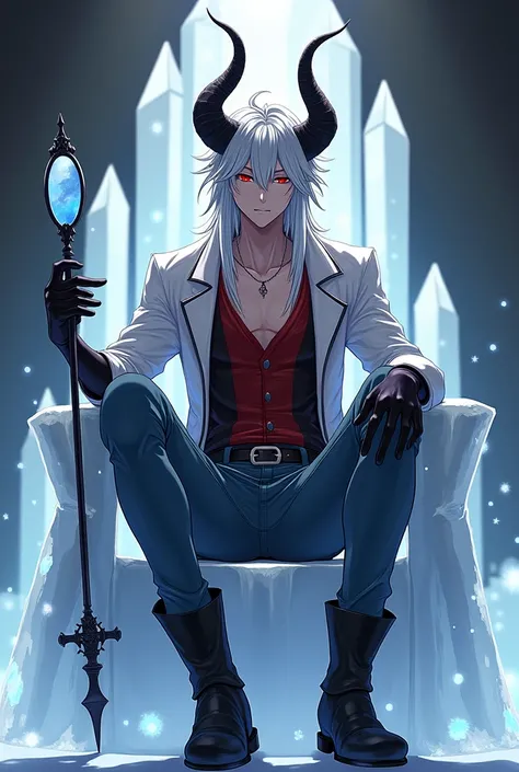 I want a male teenager, he has big black horns, very long silver hair, he has fair skin, red eyes, hes wearing a white shirt with a red and black bodice, this bodice is masculine, hes wearing long black latex gloves, blue jeans and black boots, hes sitting...