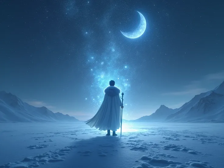  The young magician stands on a vast ,  frozen lake that reflects the mystical landscape .  His figure is enveloped in a long ,  shimmering cloak of ice crystals and a fur collar that touches the glow of the stars .  The sky above him is a deep cosmic nigh...