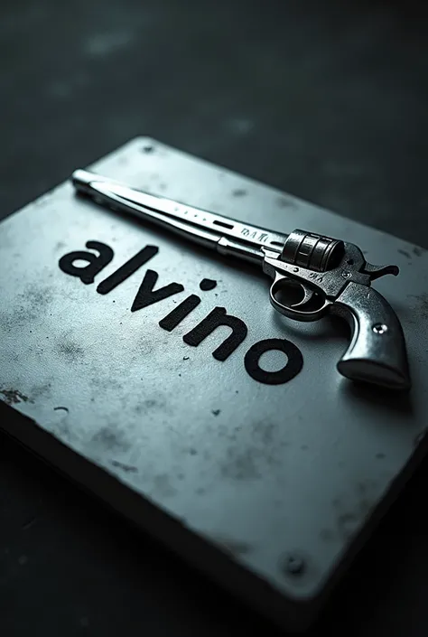 The word "alvino"  on a Table with a Weapon . 

 with a predominant silver color.