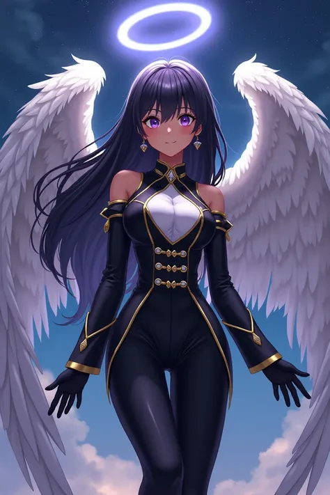 Female, 25 Years Old, Short, Athletic. Dark Skin. Long Black Hair. Purple Eyes. Wings with White and Black Feathers. White halo on top of her head. Black and White Medieval Military Uniform, Black Pants, Long Sleeves, Baggy Suit. Big smile on her face. Fal...