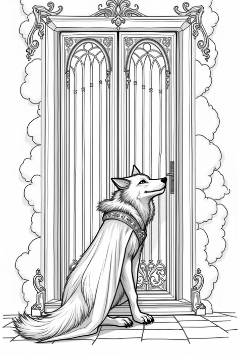 A realistic drawing outline ,  in black with thick lines and a white background without shading, of a graceful werewolf wearing prince , opening a large richly decorated iron door and looking inside with a curious face 