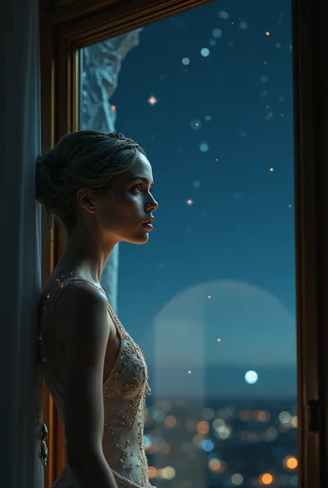 An alien woman peeking out the window on a starry night