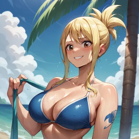 Lucy Heartfilia (Fairy Tail)  by the ruby,  brown eyes,  embarrassed smile, , big breasts,  wet body , sky blue bikini,  background on a tropical beach.  wet body 
