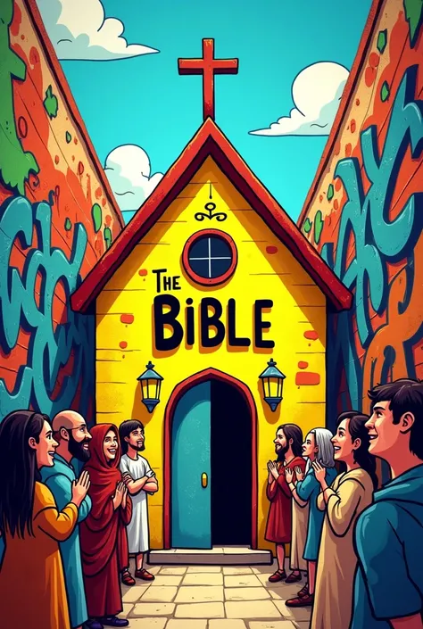 Title For CD cover "The bible sung " cartoon style,  with a stylized yellow house , graffiti style.