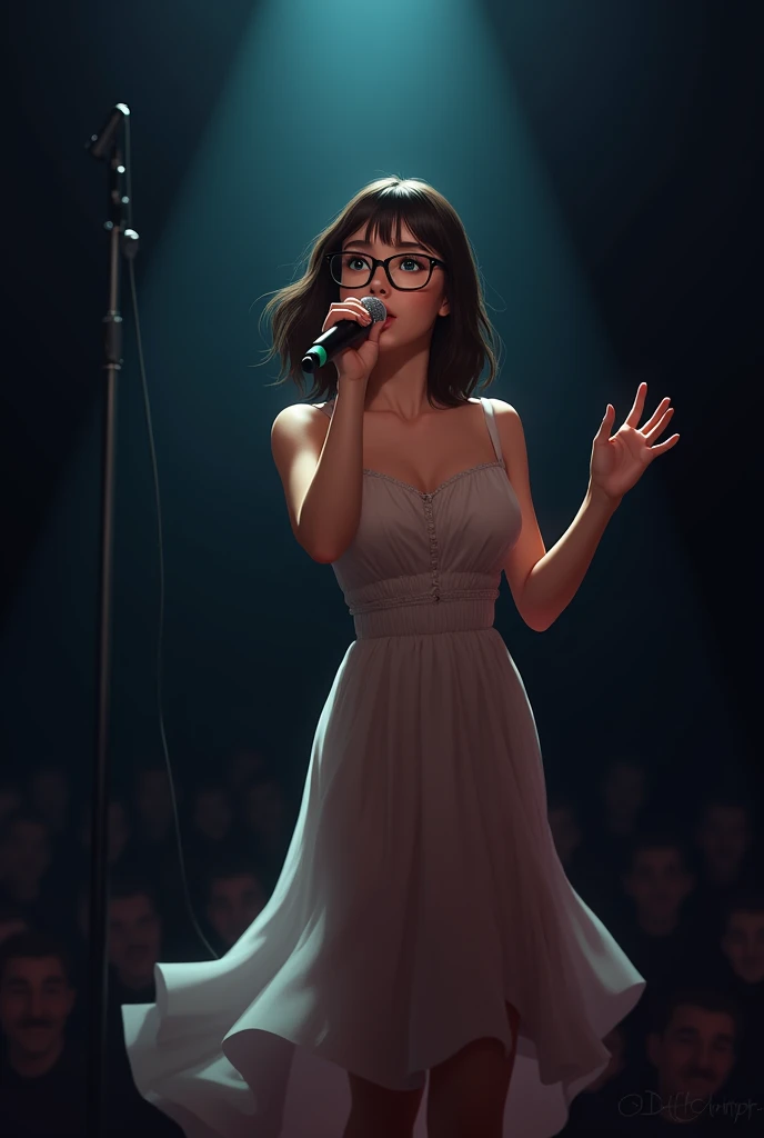  A singer with straight, wavy hair and glasses, wearing a dress and with microphone in her hand .