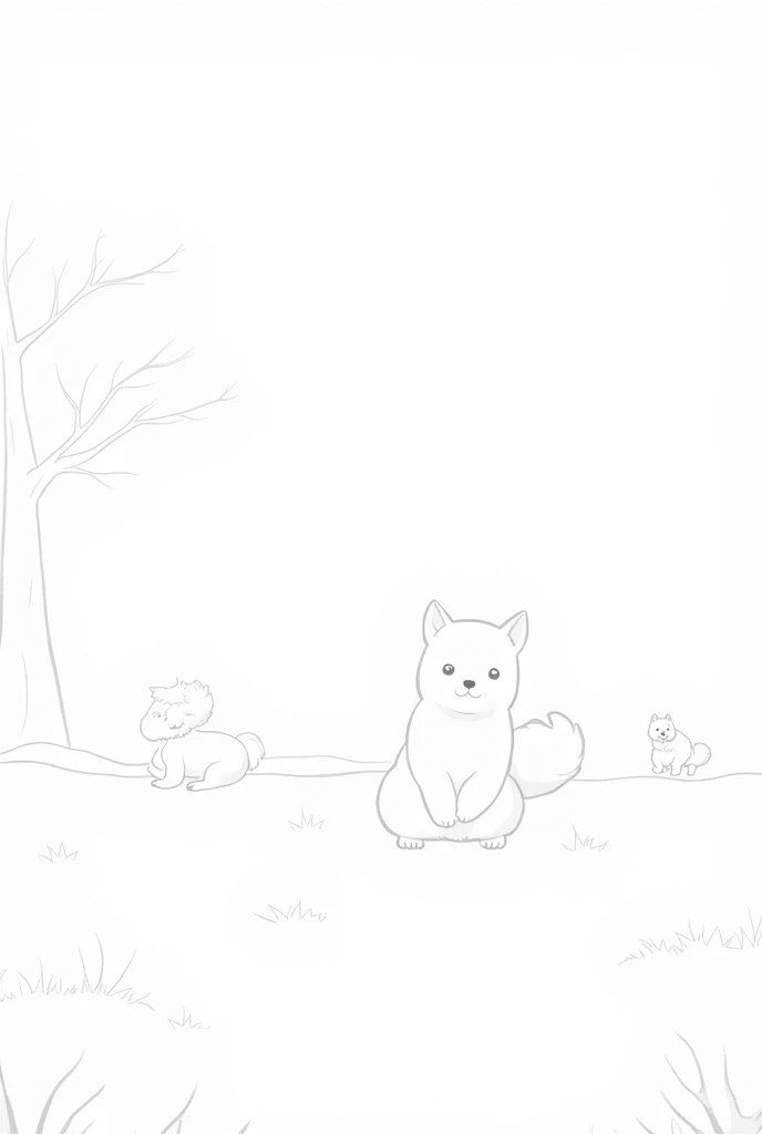 there are three dogs, Shiba Inus playing , cute, puppy,  natural landscape with cherry trees in the background, Coloring book, Black and white line drawing, No Shadow