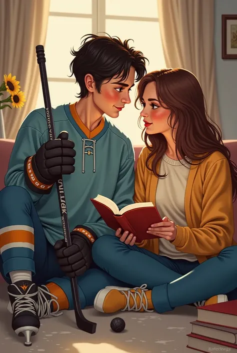 Illustration of a couple where he plays hockey and she has a book in her hand
More lively