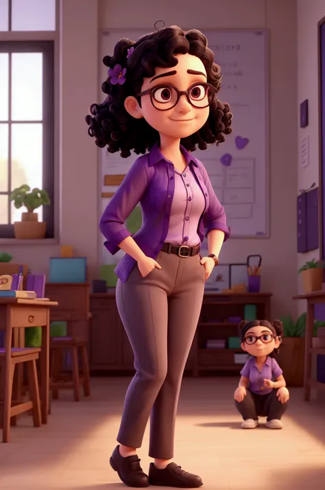 A Caucasian female teacher with curly black hair, black glasses, purple shirt with flowers on it, and brown pants with a big butt doing downward facing dog