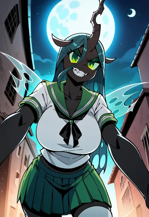 uploaded on e621, score_9, score_8_up, score_7_up, score_6_up, BREAK source_anime, solo, female, queen chrysalis mlp, arthropod, changeling, anthro, black body, green-eyes, green long hair, big large breasts, white serafuku, schoolgirl, green sailor collar...