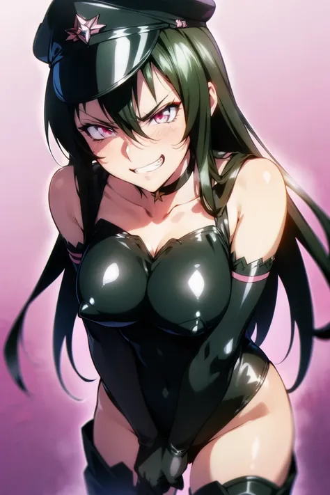 beautiful, masterpiece, ultra detailed, extremely detailed, ultra high res, 8k, beautiful detailed face, anime screencap, heart shaped face woman, (black hair:1.2), long hair, hair between eyes, large breasts, fearless face, sharp face, slant eyes, cat eye...