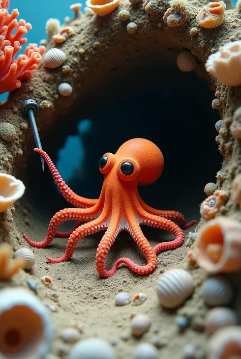 Otto the octopus is sitting inside his coral burrow,  surrounded by tools made from marine items : seaweed wrapped like threads ,  shells piled up like boxes and corals that form a kind of shelf .  He is holding an improvised screwdriver made from a sea ur...