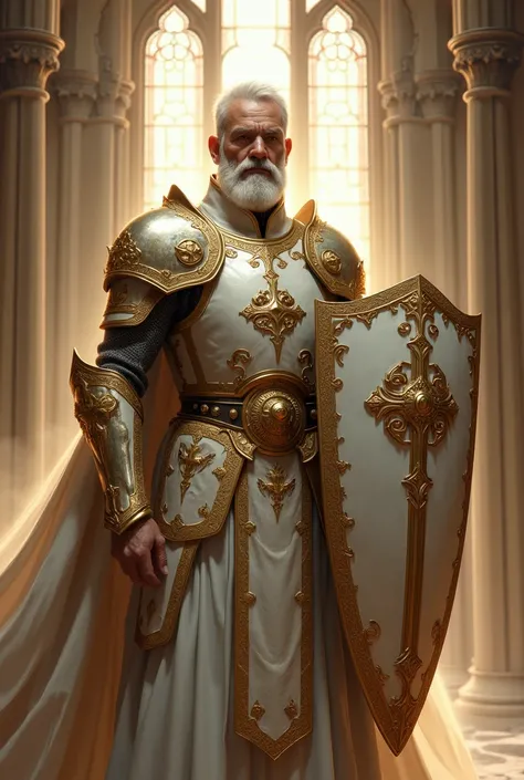 Male clergyman wearing a helmet and white and gold armor with a large shield