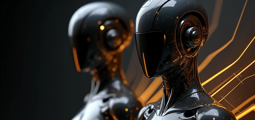  A cover for a Facebook page designed to promote models created with artificial intelligence. The cover should be technological and modern with a black background and gold details  .