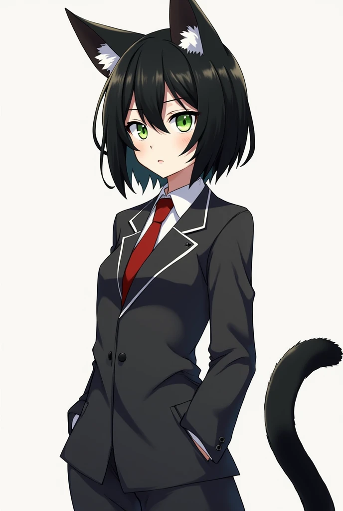  A girl with height 1 ,55 cm .  Wearing the male uniform of Beastars ,  thin in such a way that it has curves but is not voluptuous,  short black hair above her shoulders ,  green eyes with their elongated iris similar to that of a cat .  pale skin , Rough...