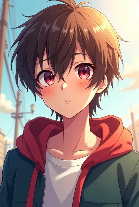  Protagonist A 19-year-old anime-style boy , straight hair, brown, kinda messy,  rose-colored round eyes and casual street clothes. Shounen .