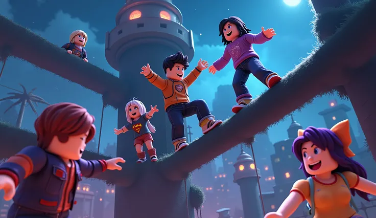 I WANT A ROBLOX GAME WALLPAPER the scenario must be SET IN THE GAME I need 5 characters with the characteristics of the avatars of the roblox game THE CHARACTERS are different one from the other being girls and boys they are playing several games within th...