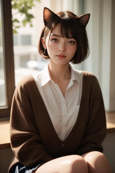 High school girl with short hair and brown cat face