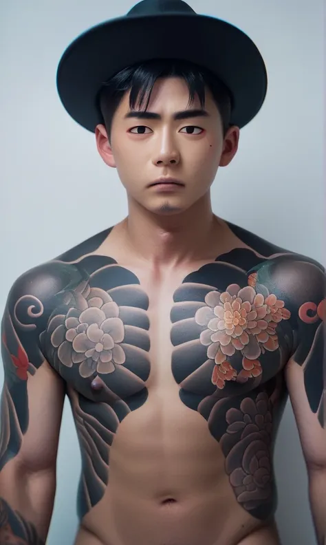 score_9, score_8_up, score_7_up, r1s0, 1boy, Asian boy, black eyes, whole body tattoo, traditional japanese tattoo, detail face, black hair, charming boy, naked upper body, black hat