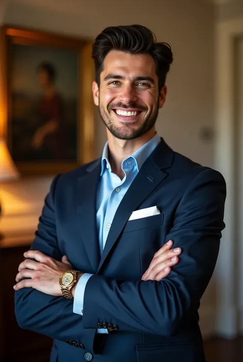 The image is a portrait-style photo of a man standing in a room. He has bright skin and smiles brightly, showing off his white teeth. His hair is dark and neatly styled. He wears a dark navy blue suit with a light blue shirt, complemented by a white pocket...