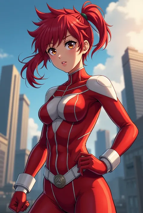  My Hero Academia style ,   anime girl , woman, young woman ,  full body shot ,( Fighting Stance :1.3),Long Hair, Red Hair,   Brown Eyes , hero suit, Full Body Suit,  red suit with white details, perfect anatomy,  enhanced abs , super detailed,(building:1....