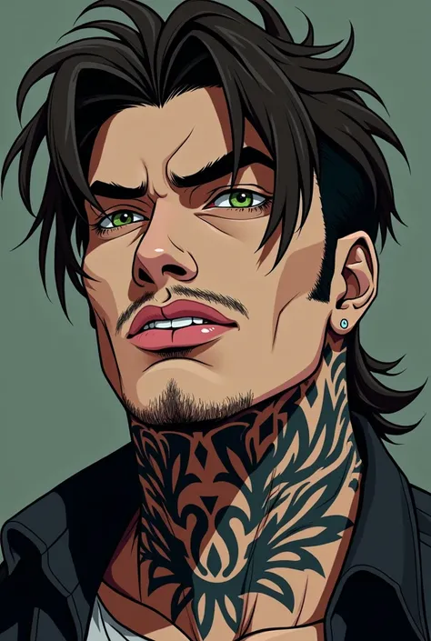 A handsome, anime man with a somewhat thick and gothic, tribal tattooed neck with his prominent Adams apple. Sharp, straight and marked jawline. Pink, cupid lined lips with a mustache and goatee. A button, good sized nose. Sleepy, almond, green-pupiled eye...