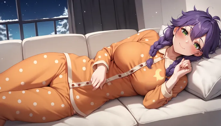 score_9_up, score_8_up, score_7_up, 1girl, solo, source_anime, sleepy girl BREAK 

Large breasts, braids, messy hair, purple hair, green eyes BREAK

(Orange pajamas), polka dot pajamas, long sleeves, orange pants BREAK 

Closed mouth, smile, indoors, looki...