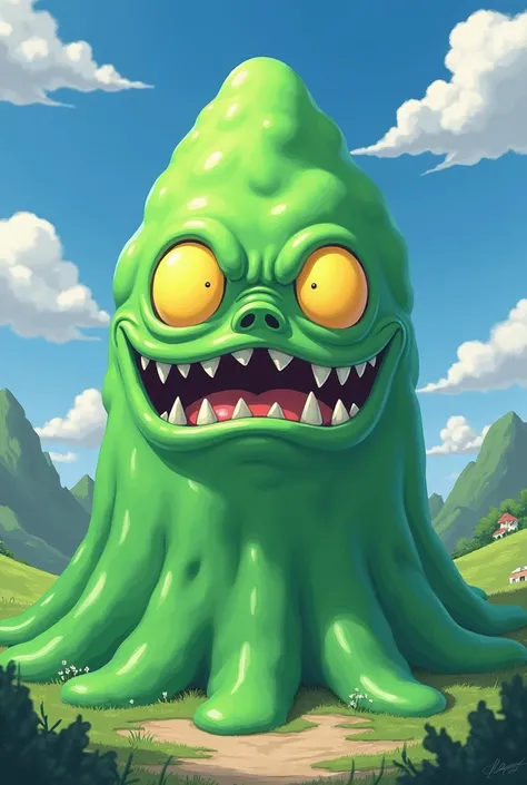 Portion in the shape of a small mountain of green mucus with completely yellow eyes anxious FROWN FROWN, folded nose and mouth SMILING with pointed teeth.  anime style 