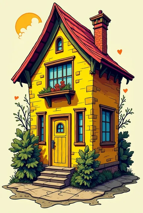  T-shirt print with a stylized yellow house,  with a central door and two windows , And a title on top  "The bible sung " 3d cartoon style, graffiti.