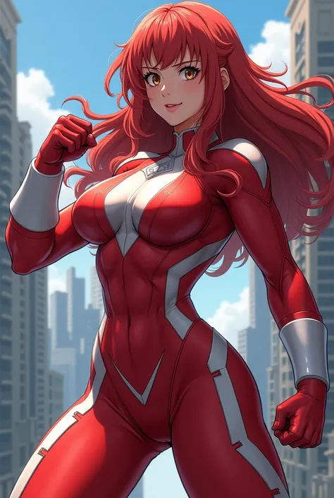    My Hero Academia Style ,     anime girl   , woman, young woman ,    full body shot  ,(fighting Stance :1.3), long hair, Red Hair,    Brown Eyes  ,  hero suit, Full Body Suit,   red suit with white details,   perfect anatomy ,  Reinforced ABS ,  super de...