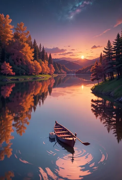 A picturesque lake surrounded by rolling hills and glowing with vibrant anime hues. The sunset sky changes from bright oranges and reds to deep purples and pinks, reflected perfectly in the still water. A small wooden boat with a lantern floats in the midd...