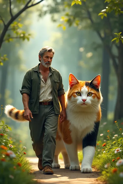 An adult man walks with a giant Calico cat 