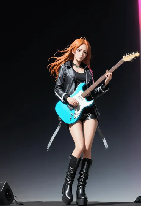 Rock girl, music, concert music, colored lights, rock outfit, black jacket, silver trim jacket, black short shirt, long black platform boots, beautiful girl, young girl, holding a guitar both hands, inoue orihime,