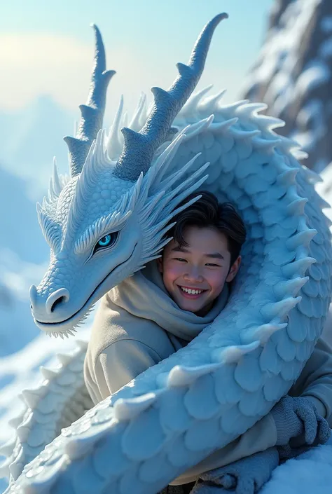 Create an Ice dragon character and a handsome young mans face is clearly visible with his smiling face faintly facing the foreground hugging an Indonesian ice dragon on top of the highest Ice mountain..