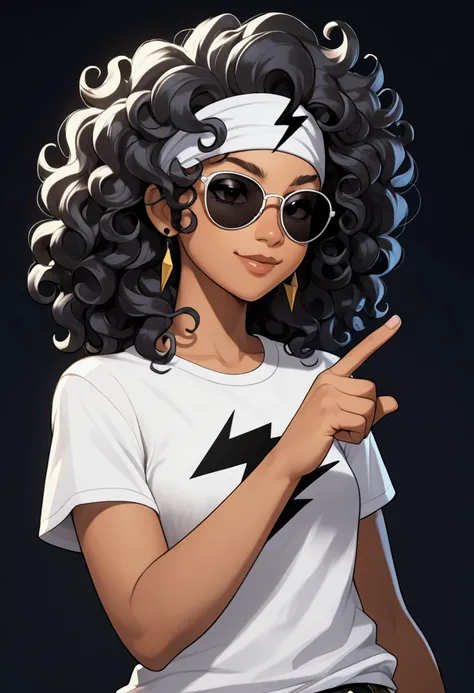 A 2D character with curly hair, dark sunglasses, a white t-shirt with a black lightning bolt, a white headband, and light skin. The character is speaking confidently, with one hand gesturing and a slight smirk."
}