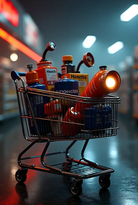  Make a shopping cart with filters and oils BRAND HENGTS diesel engine and some truck flashlights, Impressive confusion that brings a light behind the cart 