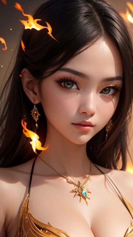 A close-up of a 26-year-old Thai woman with a voluptuous figure exudes mystery. Her fiery eyes glow intensely as delicate flames cast an orange light on her flawless skin. Embers float like stars, and subtle sparks flicker around her. Set against a dimly l...