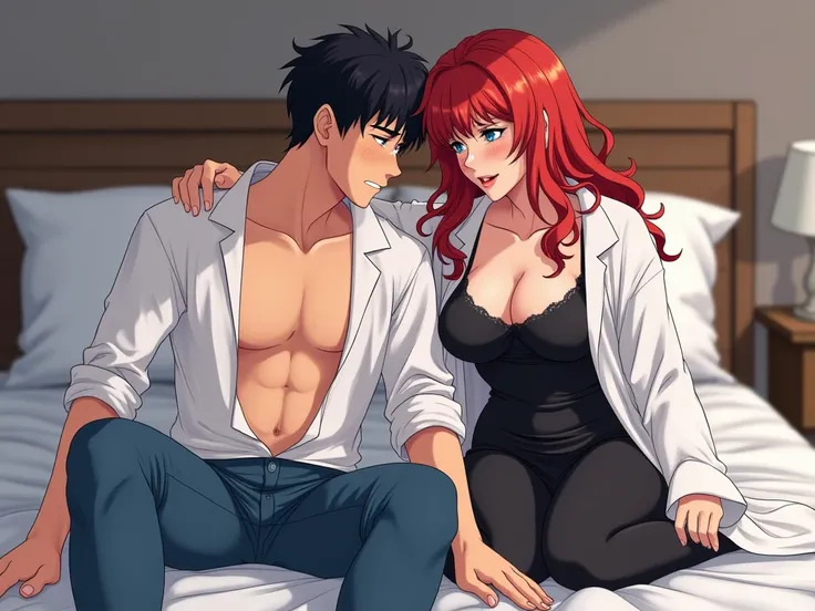 A anime-style picture of a weeping man with short black hair and wearing blue jeans sitting on a bed and being comforted by a voluptuous red-haired woman wearing a black nightgown and a white, opened bath robe.