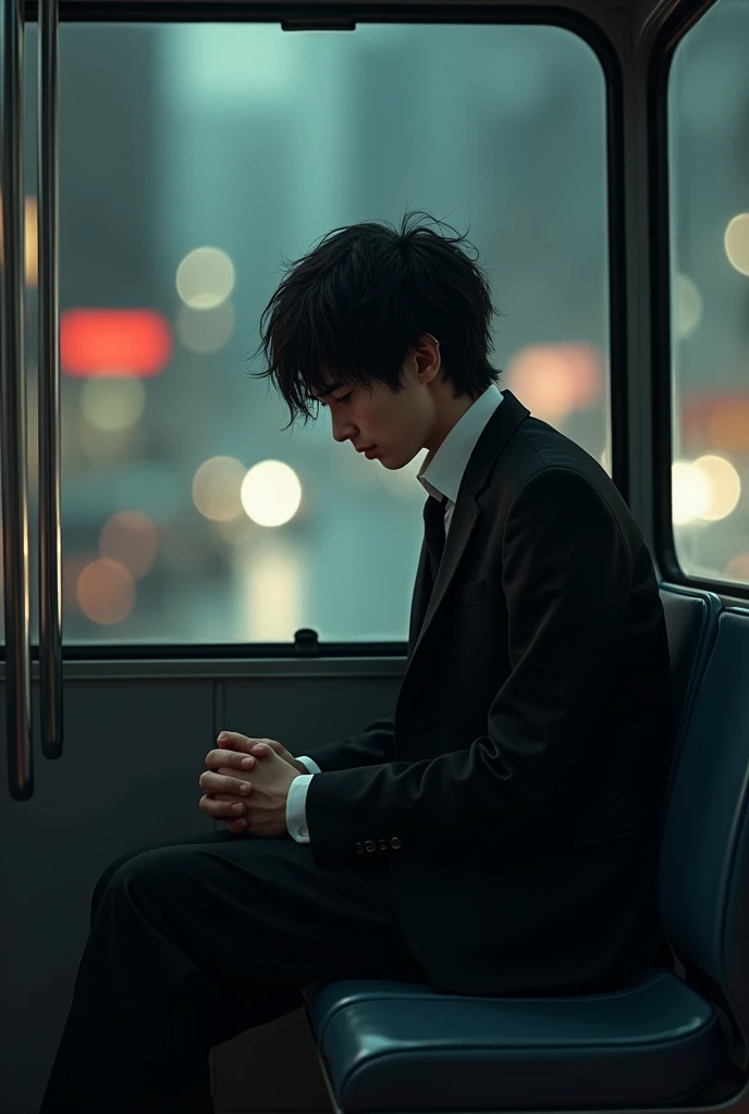 Young man with black hair in a suit sits on the back of the bus 