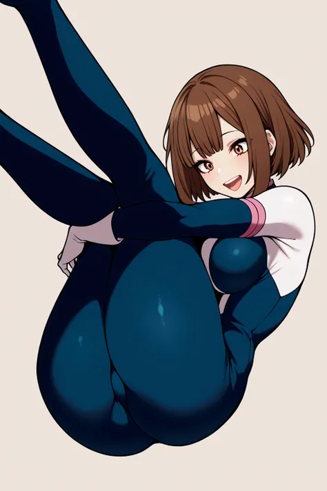 alone, girl, uraraka Ochaco from My hero academia, tight body suit, tight between her legs, zero gravity, flying in the air,cheeful Big smile, Open mouth, perfect breasts, round butt, thighs, brown hair, bob cut, uravity outfit, simple background, perfect ...