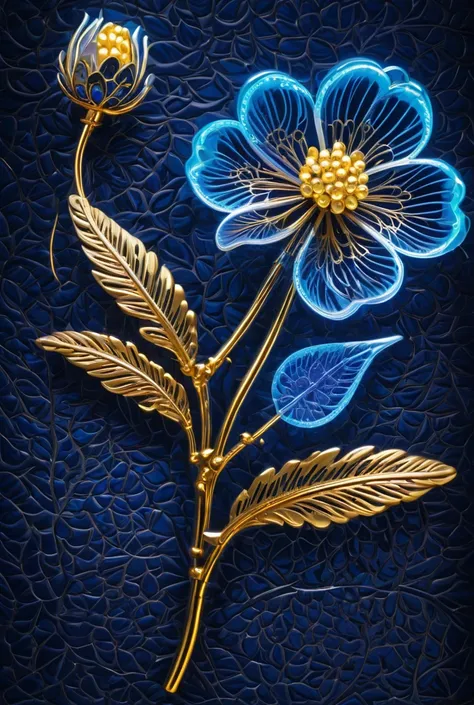 3D luxurious neon transparent pheasant and luxurious neon transparent multi-layered three-dimensional ternoplum flower with fruits with skeletonized petals on a sapphire stalk with skeletonized leaves with yellow glowing veins on a blue-gold patterned text...