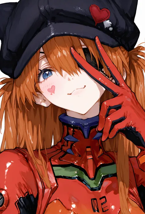  top quality , masterpiece,  748cm style ,  1 girl, heart face mark , v over eye ,,   Neon Genesis Evangelion 、  Shikinami Asuka Langley、  red plug suit  、  eye patch、(Cat hat、black)、smile、 raise your hand, finger tip 、 upper body、