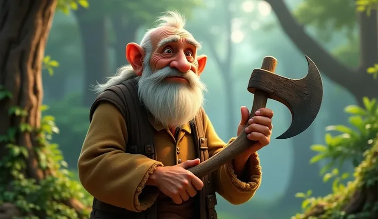 Elderly hunter with a curious face holding an axe. Disney pixar