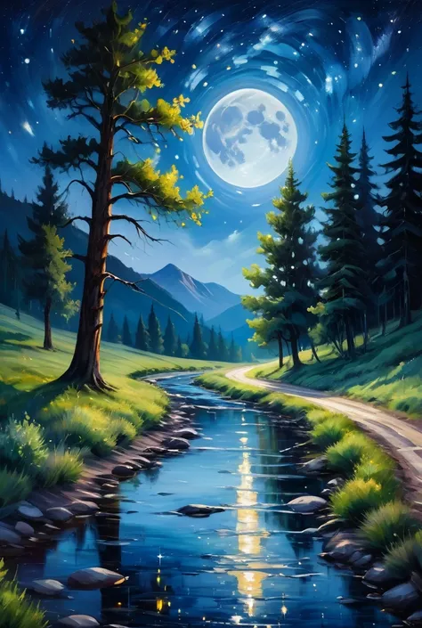  oil painting,  starry sky with full moon , stream reflecting the moon ,  large trees surrounding the road in the mountains,  depth of field,  image fill , reflected light, 