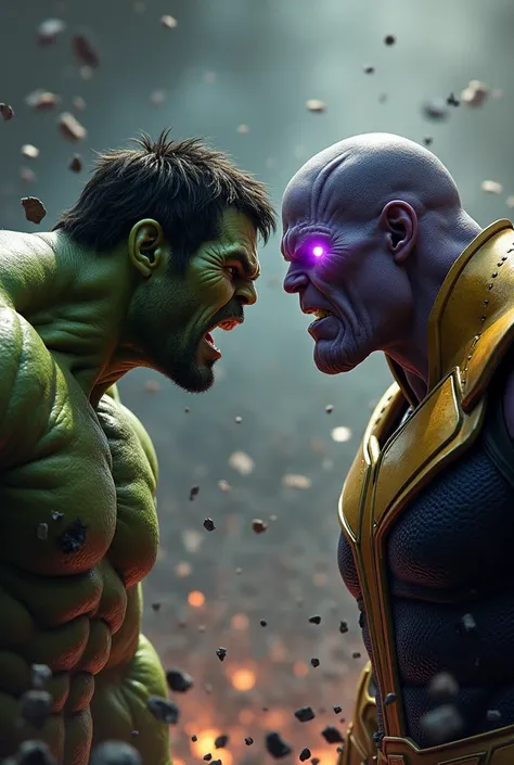 Create an epic and dramatic illustration of The Hulk and Thanos facing off in a dark, intense setting. The Hulk, with his massive, muscular frame and enraged expression, leans forward aggressively, his green skin showing veins and battle scars. Opposite hi...