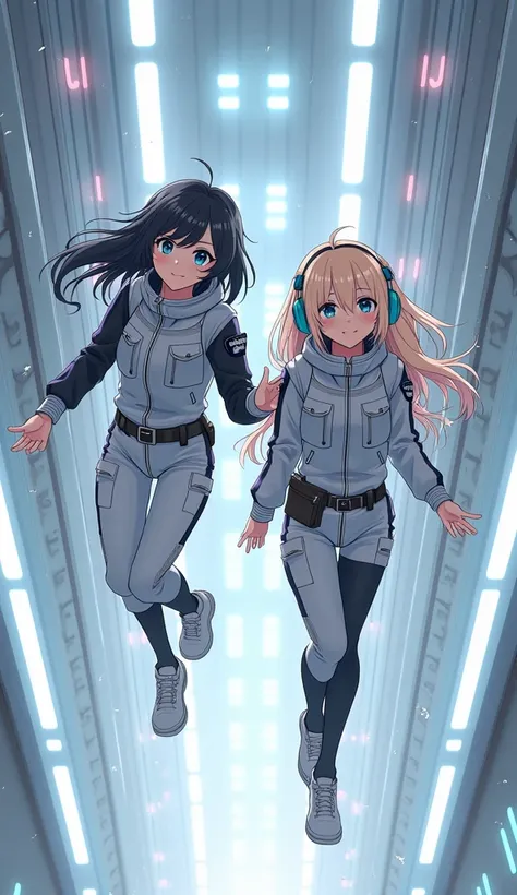 masterpiece, best quality, ultra-detailed, anime style, lovelive character style, 2female japanese idols in spacesuits floating in zero gravity, sci-fi corridor interior, sleek and futuristic white metallic walls and panels, dramatic upward angle view, bla...